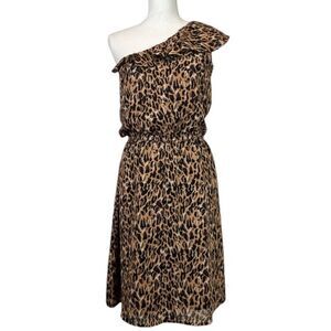 Miss Tina Knowles One Shoulder Dress Shadow Camel Leopard Print Size Small